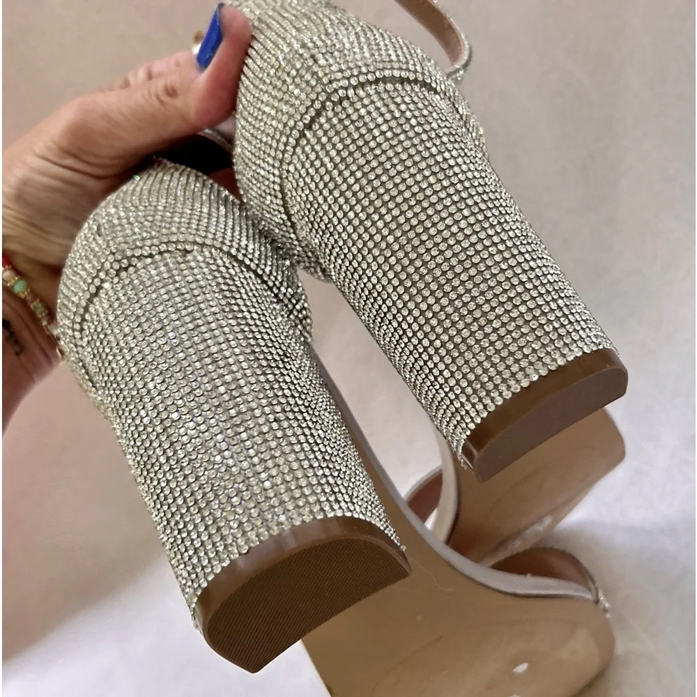 Steve Madden Spark Silver Size 9 Sandals Rhinestone Strappy Heels Ankle Strap